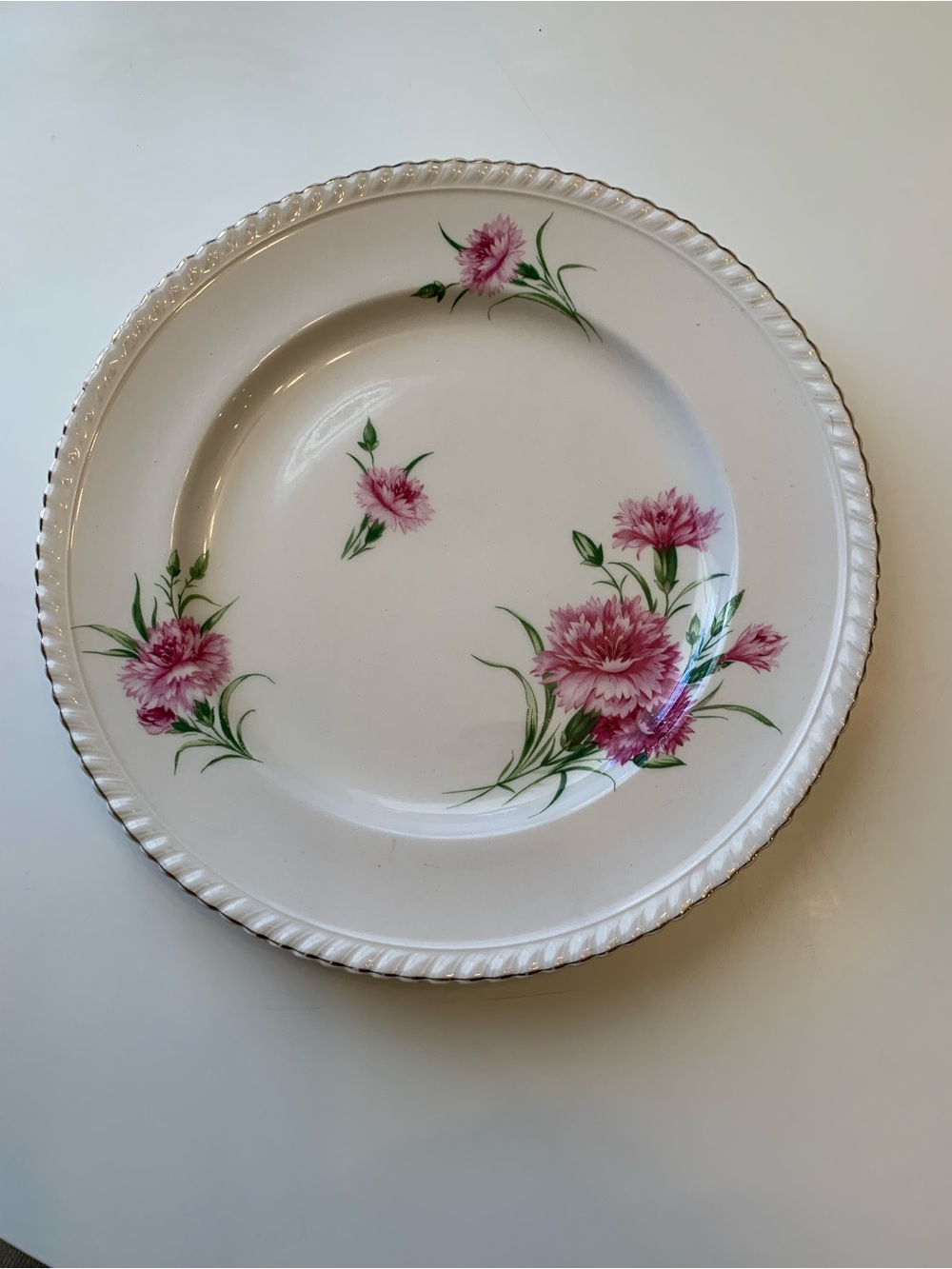 Johnson Bros Classic Floral Pink Carnation Dinner Plate with Rope-Edge Trim